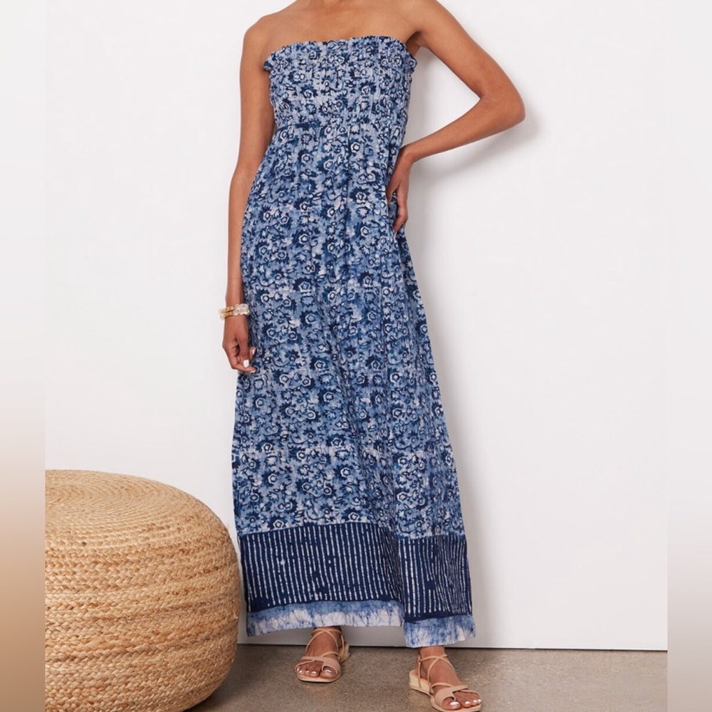 Faherty Blue Strapless Floral Maxi Dress